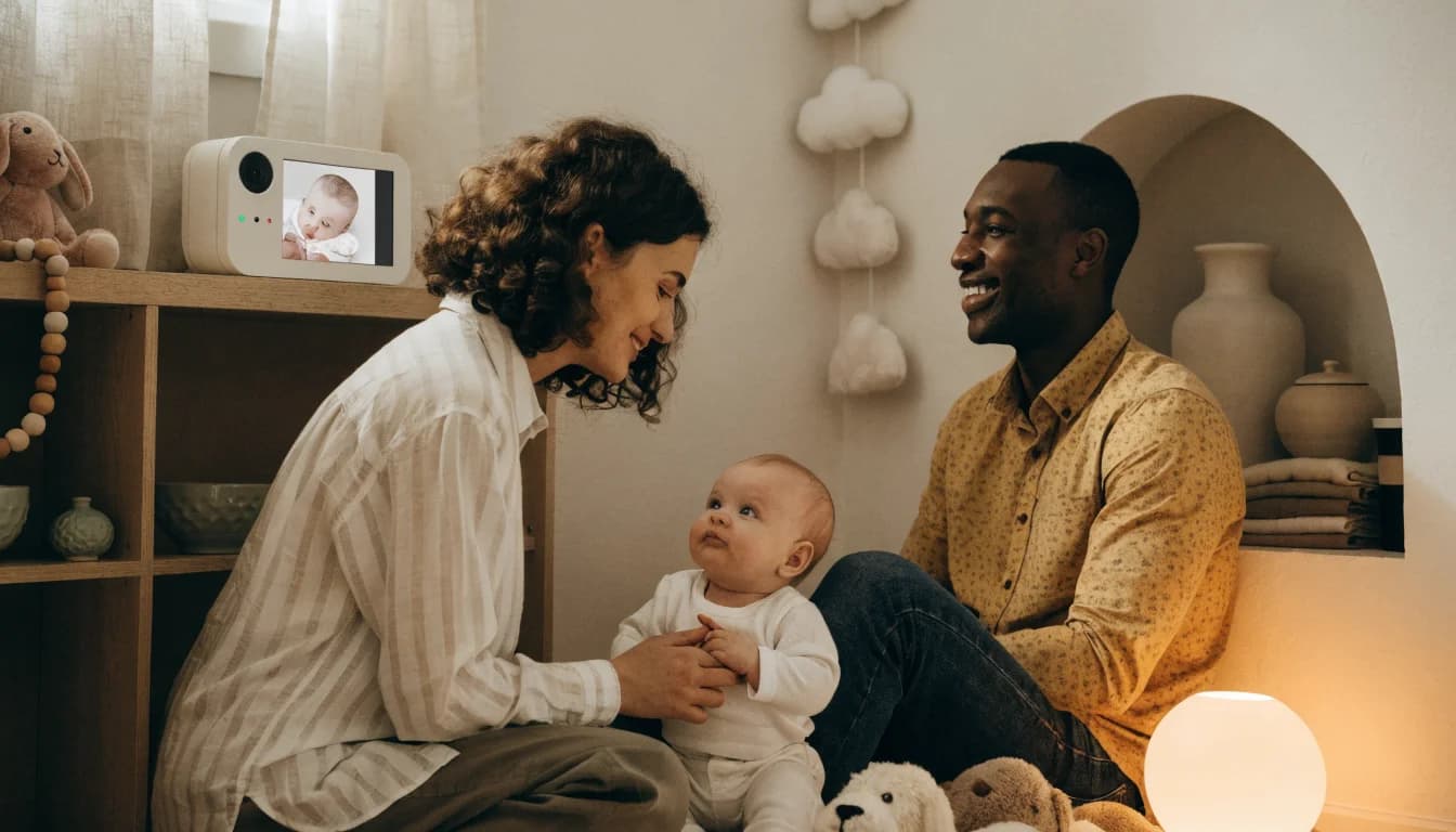Parents jouant avec leur bébé près d'un babyphone