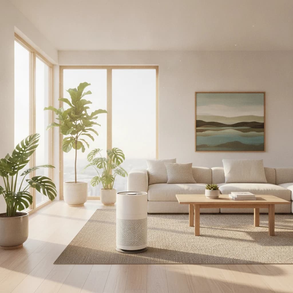 Salon clair avec purificateur d'air, plantes et canapé
